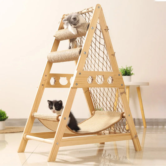 Wooden Climbing Cat Frame Sisal Hammock Cat Scratching Post Climbing Net Wear-Resistant Pet Furniture