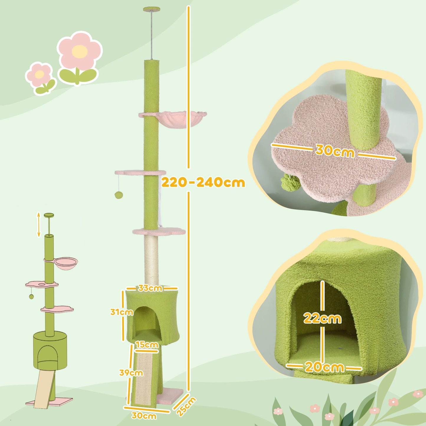 Floor-to-Ceiling Cat Tree Tower – Adjustable 220–240cm Height, Tall Indoor Cat Climbing Tree with Scratching Posts