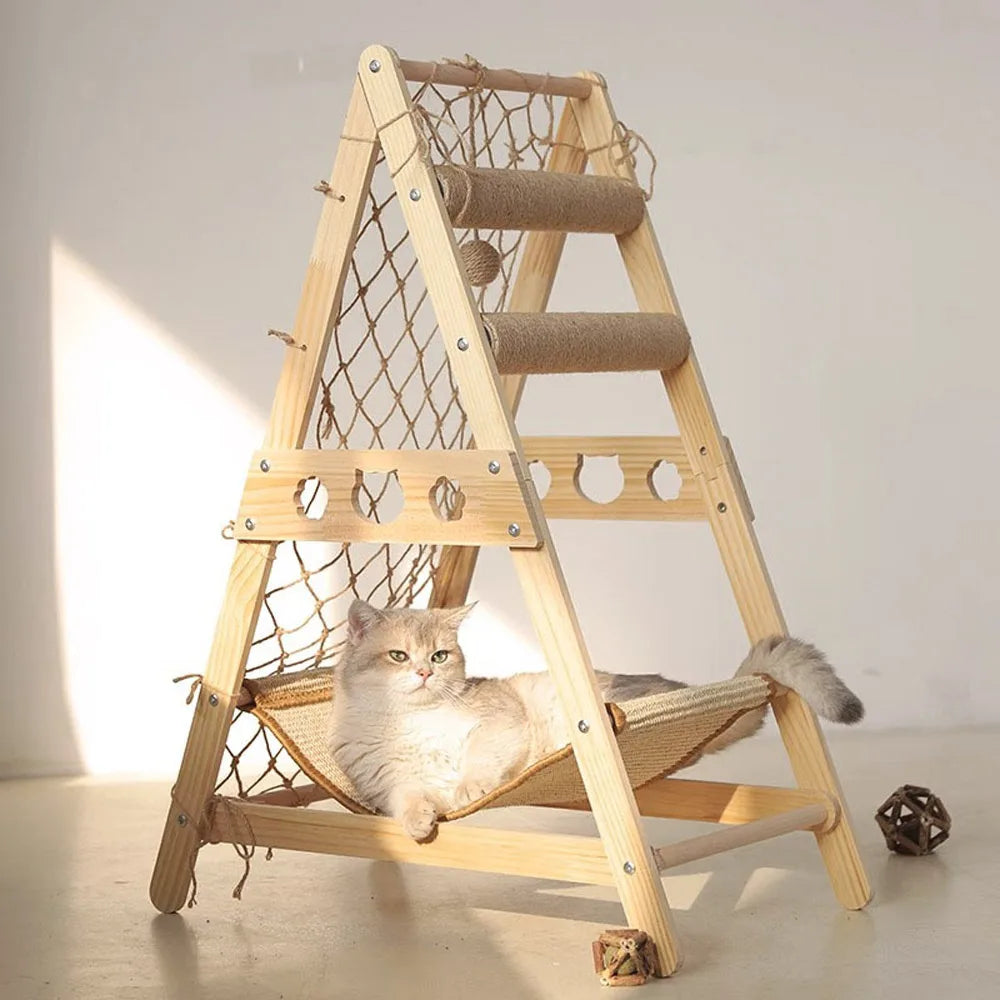 Wooden Climbing Cat Frame Sisal Hammock Cat Scratching Post Climbing Net Wear-Resistant Pet Furniture