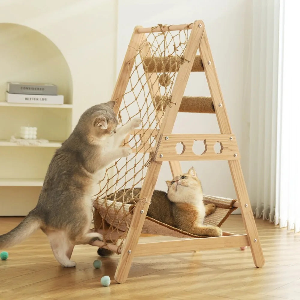 Wooden Climbing Cat Frame Sisal Hammock Cat Scratching Post Climbing Net Wear-Resistant Pet Furniture