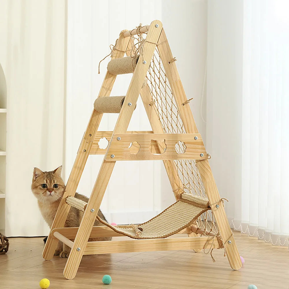 Wooden Climbing Cat Frame Sisal Hammock Cat Scratching Post Climbing Net Wear-Resistant Pet Furniture