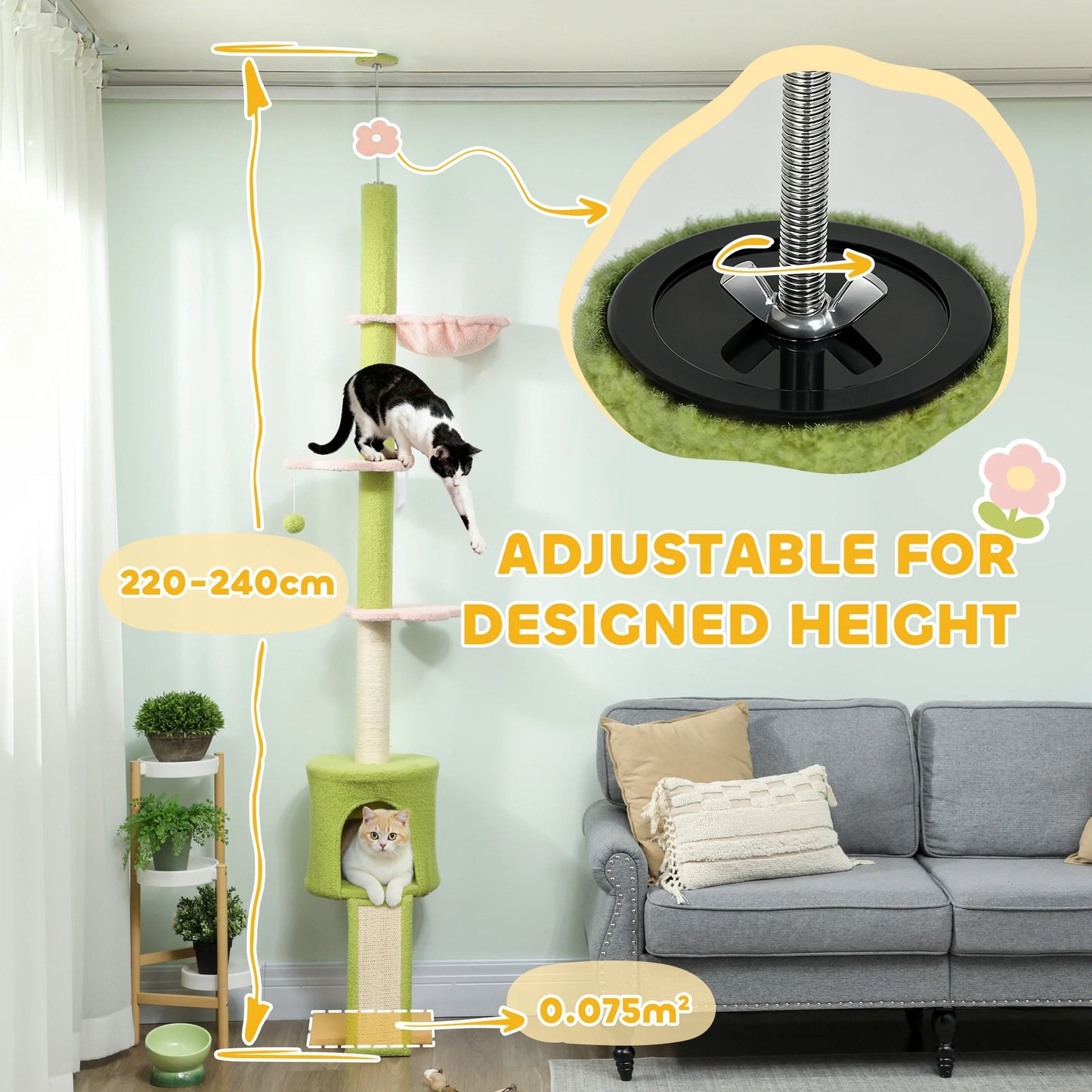 Floor-to-Ceiling Cat Tree Tower – Adjustable 220–240cm Height, Tall Indoor Cat Climbing Tree with Scratching Posts