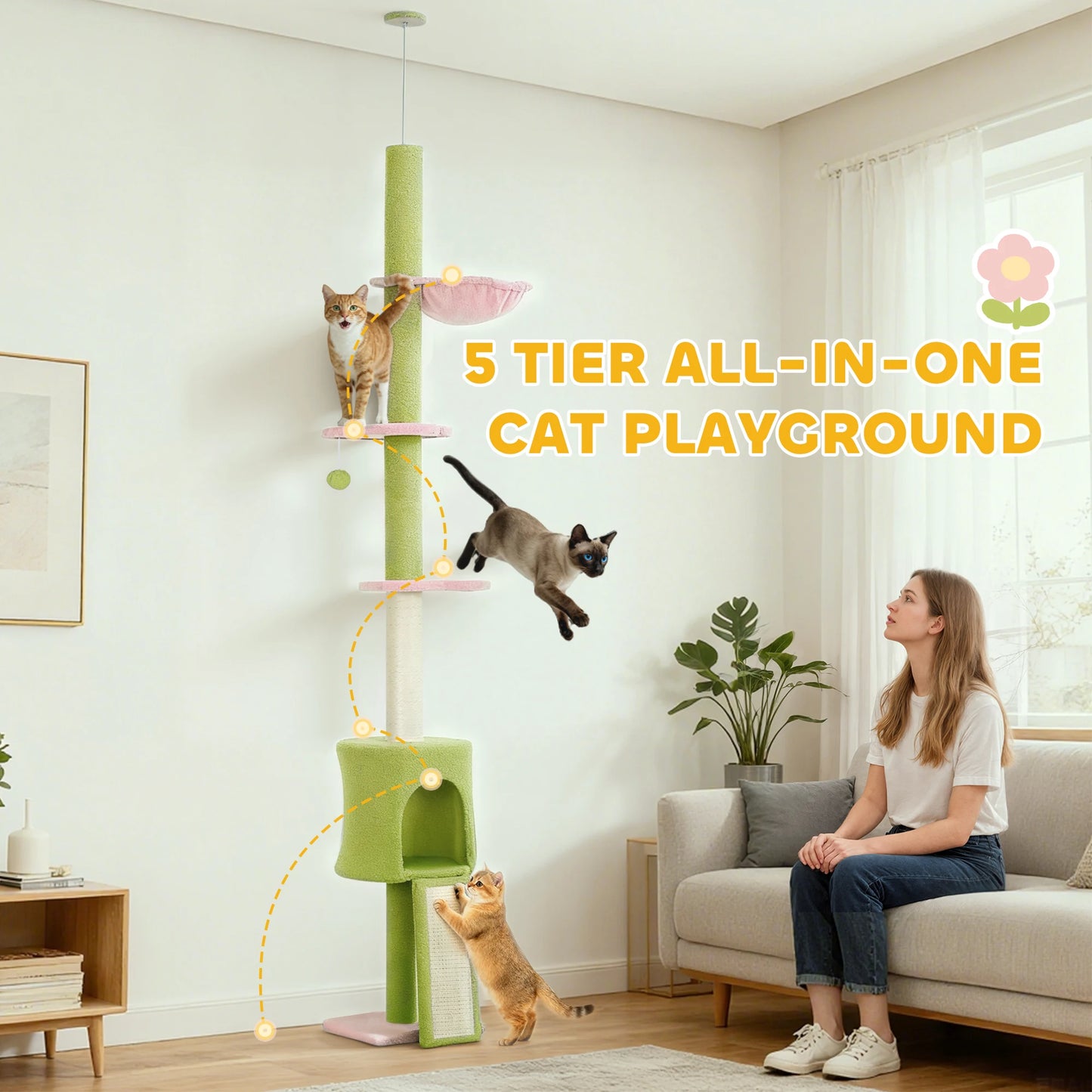 Floor-to-Ceiling Cat Tree Tower – Adjustable 220–240cm Height, Tall Indoor Cat Climbing Tree with Scratching Posts