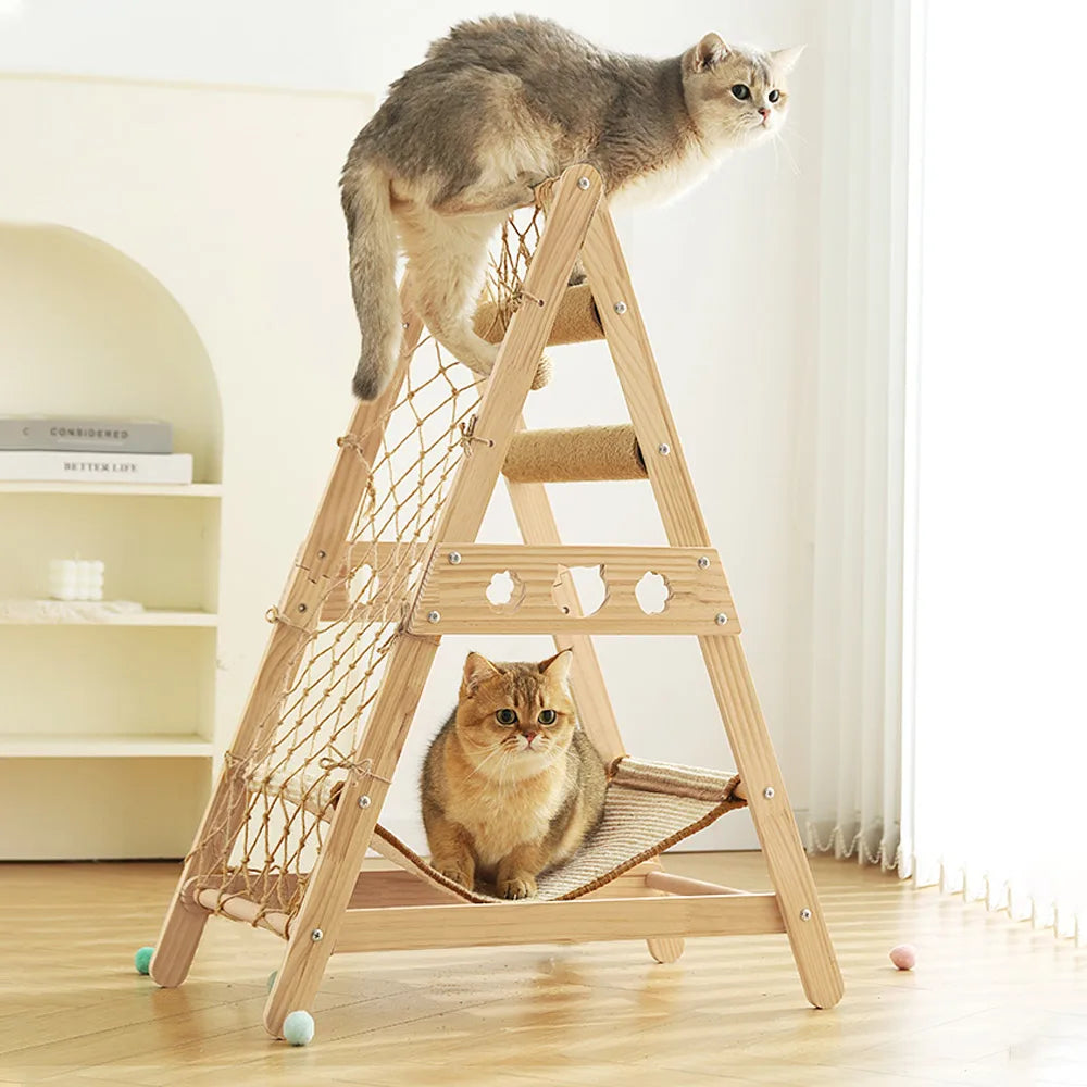 Wooden Climbing Cat Frame Sisal Hammock Cat Scratching Post Climbing Net Wear-Resistant Pet Furniture