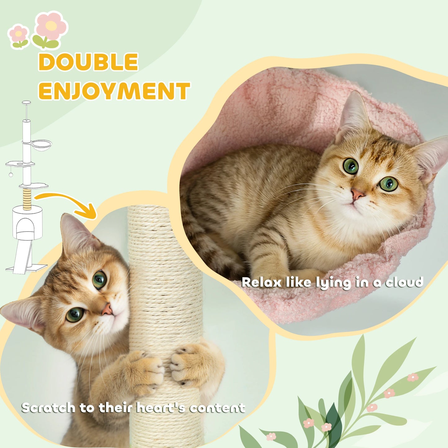 Floor-to-Ceiling Cat Tree Tower – Adjustable 220–240cm Height, Tall Indoor Cat Climbing Tree with Scratching Posts