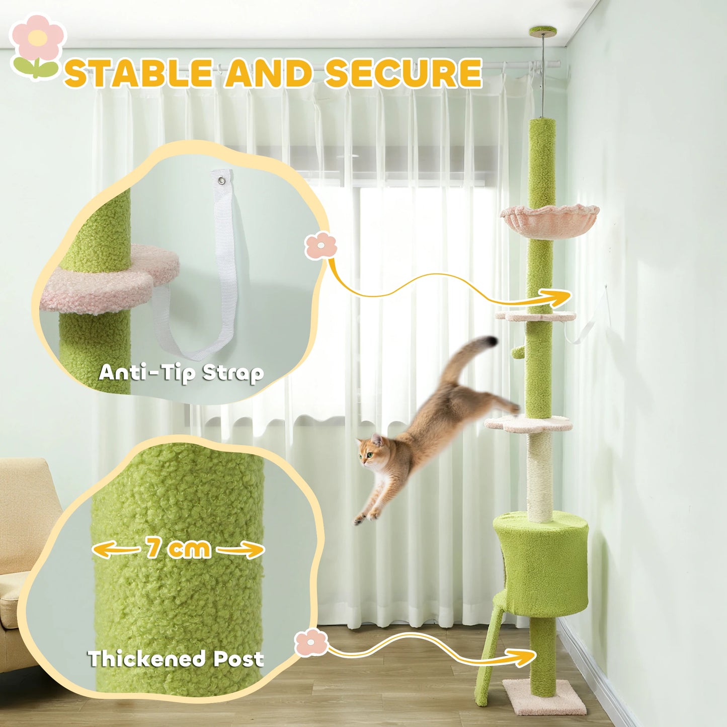 Floor-to-Ceiling Cat Tree Tower – Adjustable 220–240cm Height, Tall Indoor Cat Climbing Tree with Scratching Posts