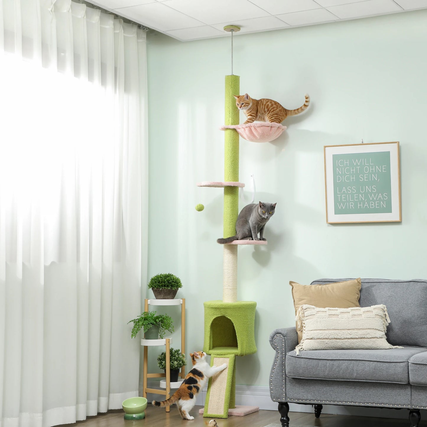 Floor-to-Ceiling Cat Tree Tower – Adjustable 220–240cm Height, Tall Indoor Cat Climbing Tree with Scratching Posts